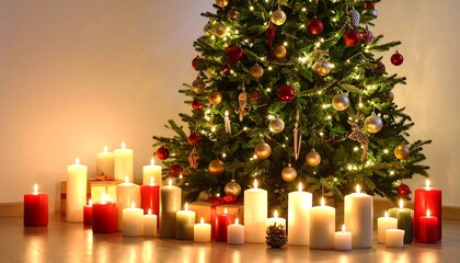 Christmas tree with candles, and warm home.