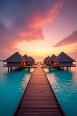 Obraz premium Idyllic Overwater Villas with Vibrant Sunset Sky and Pier