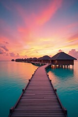 Fototapeta premium Curved Wooden Pier to Overwater Villas at Sunset in Paradise