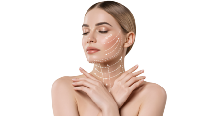 Elegant woman showing face and neck lifting massage lines