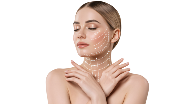 Elegant woman showing face and neck lifting massage lines