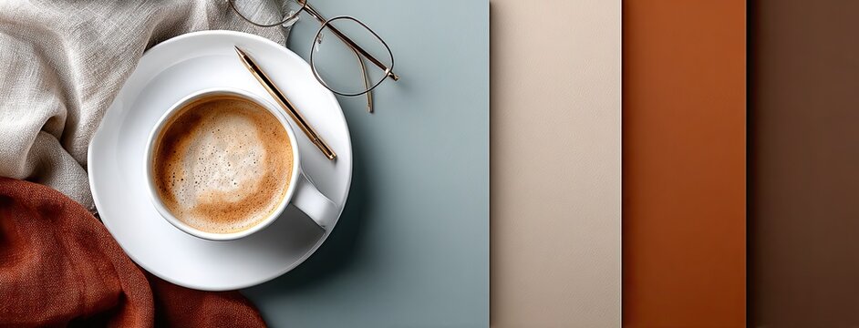 A steaming cup of coffee is placed on a saucer beside vibrant notebooks and a shiny pen, creating a charming workspace atmosphere