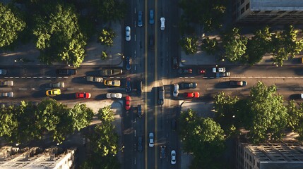 Aerial view of a city street with cars driving on the road and trees lining the sidewalks on both sides