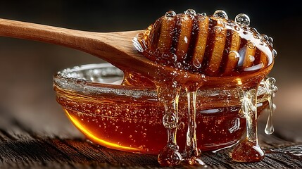 Fototapeta premium Rich golden honey dripping in detail high resolution picture