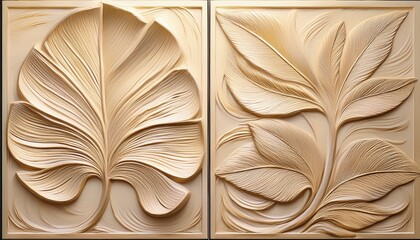 two light beige textured square wall art pieces relief carvings of large leaves
