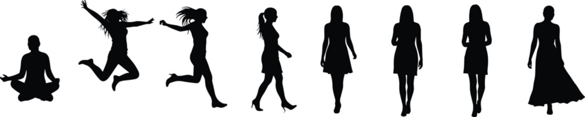 Silhouette of woman in different poses, yoga meditation, jumping, running, walking, standing, fashion dress, flat vector illustration, black design