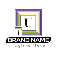 Creative u letter logo design with paint roller and rainbow colors isolated on white background