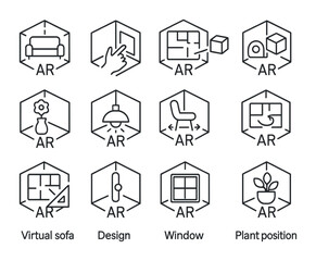 AR Home Design Icons. Outline icon set of AR in home design: virtual sofa, wall color preview, floor layout,