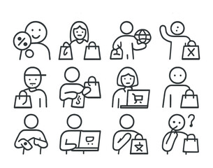 Shopper Archetype Icons. Outline icon set of shopper personality types: bargain hunter, trend chaser, ethical
