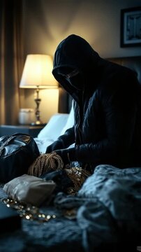 Hidden trespasser: camouflaged figure, unlawful action, secret maneuver, home invasion, property crime, private theft, silent menace, unknown suspect, break-in scene, domestic threat, cunning plan.