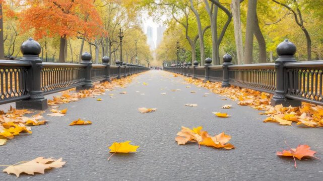 Autumn Pathway with Colorful Leaves in Central Park, New York City