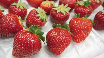 Fresh red strawberries displayed on white surface