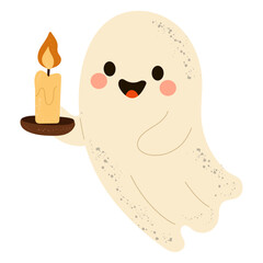 
Cute ghost holding a candle illustration — adorable Halloween vector character with smiling face, rosy cheeks, and vintage textured details. Perfect for spooky holiday greeting cards.