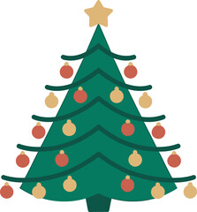Festive Christmas Tree Illustration – Red and Gold Decor with Golden Star Topper, christmas tree vector