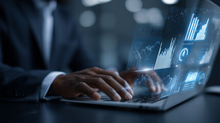 automated reporting and business intelligence data automation and dashboards businessman using laptop computer to generate and monitor real time reports