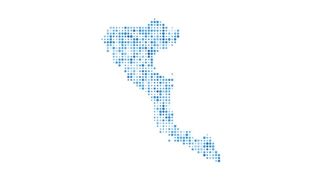 Corfu dotted digital map. Map of Corfu with pulsating colored circles. Shape of the island filled with blue disks. Captivating video.