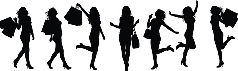 Silhouette of women shopping with bags, walking and jumping poses, fashion lifestyle theme, flat vector illustration, black design, modern concept