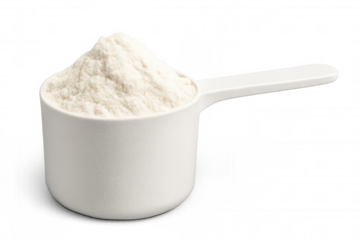 Protein powder spilling from white plastic measuring scoop, highlighting nutritional supplement against transparent backdrop