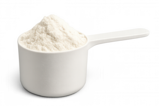 Protein powder spilling from white plastic measuring scoop, highlighting nutritional supplement against transparent backdrop