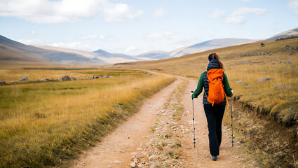 A woman with an orange backpack hikes along a dusty path through a vast, golden grassland valley with rolling hills under a partly cloudy sky