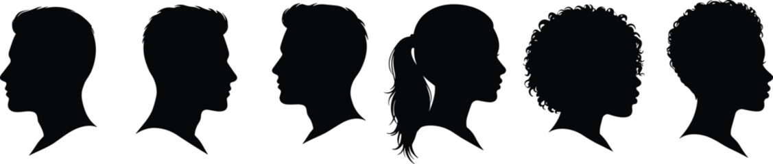 Silhouette profiles of diverse men and women, side view faces, hairstyle variations, head outlines, black vector icons, people profile design