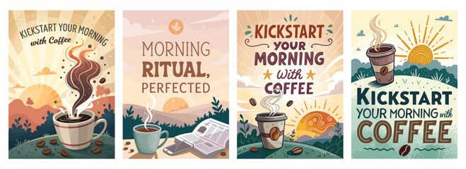 A collection of vibrant coffee-themed illustrations emphasizing morning rituals and energy.