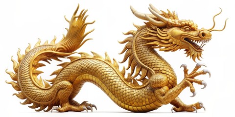 Fototapeta premium Golden Dragon Statue, 3D Rendering, Chinese Dragon, Mythical Creature, Sculpture, dragon, chinese