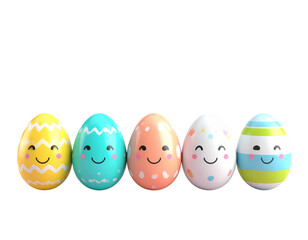 3D Cartoon Easter Eggs with Cute Faces Side View Isolated on Transparent Background