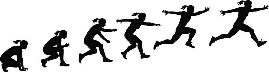 Silhouette sequence of woman athlete jumping forward, female runner leap stages, sports training illustration, motion progression isolated on white background vector design