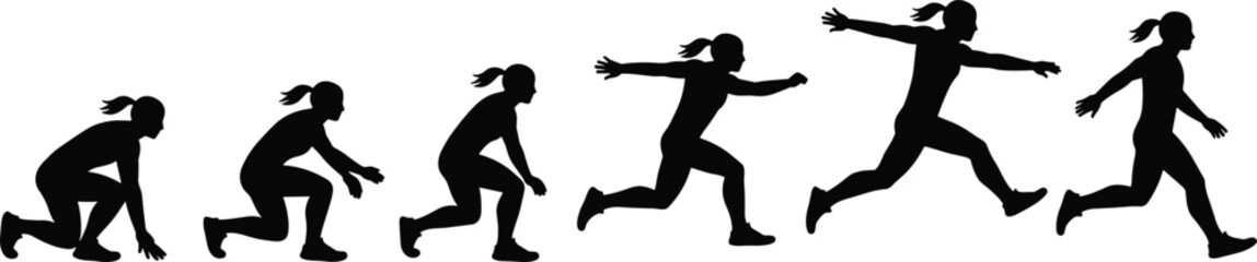 Obraz premium Silhouette sequence of woman running and jumping, athletic motion vector, black sports figure in different sprint positions isolated on white background