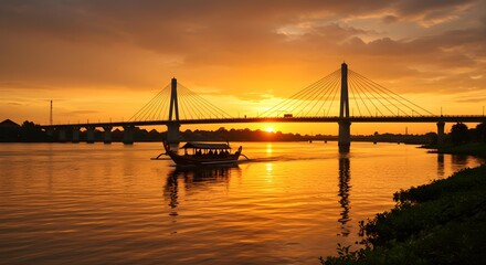 Fototapeta premium Sunset Over River with Bridge and Boat Golden Hour Reflection Tranquil Waterway.