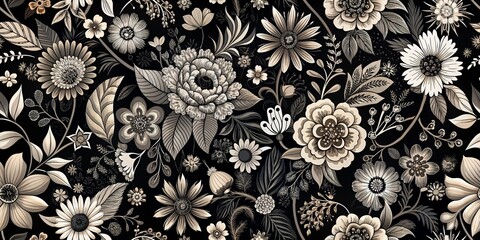 Monochromatic Floral Rhapsody A Seamless Pattern of Delicate Blooms and Lush Foliage, floral pattern, seamless pattern, black and white, botanical art