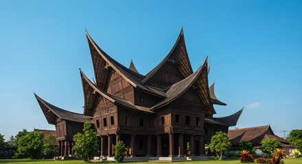 Naklejka premium Traditional Minangkabau Architecture with Distinctive Curved Roofs Under a Clear Blue Sky.