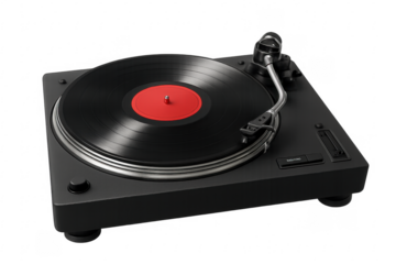 Modern turntable playing vinyl record with red label on transparent background