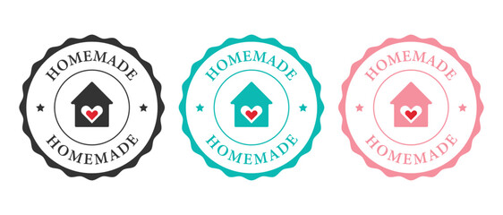 Three circular "Homemade" badges with a house and heart icon, in black, teal, and pink