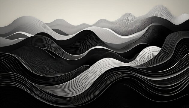 monochrome black and white layered waves abstract art digital background minimalist design high fidelity