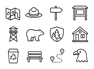 National Park Icon Set. Outline icon set of national park visit: park map, ranger hat, trailhead sign, info