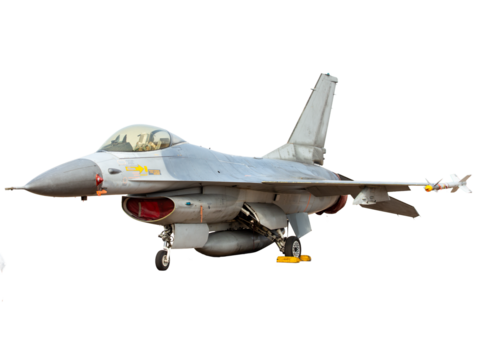 F-16 military jet fighter parked at the airport on a white background.