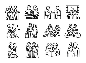 Couple Activity Icons. Outline icon set of couple bonding activities: hiking, cooking together, board games,