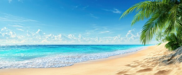 Fototapeta premium The Tropical Beach With Palm Trees, Turquoise Water And Golden Sand Under Blue Sky