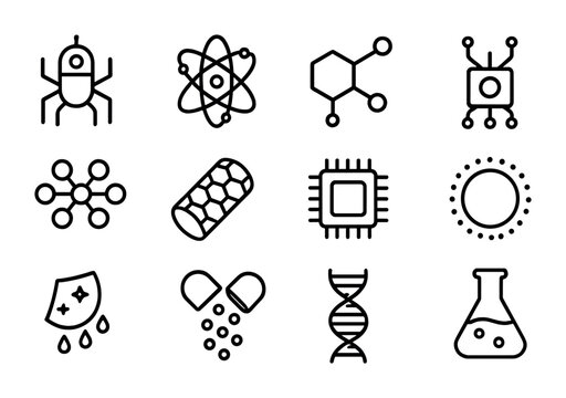 Nanotechnology Icon Set. Outline icon set of nanotechnology applications: nanorobot, atomic structure,