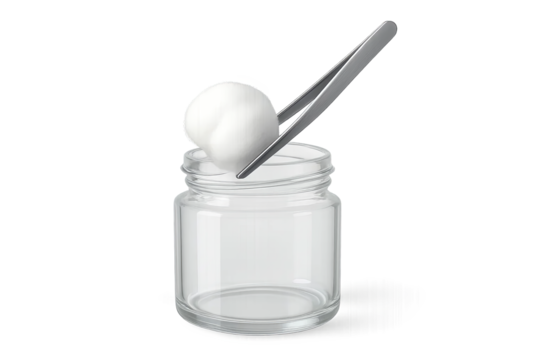 Tweezers with cotton ball over glass jar container with transparent background