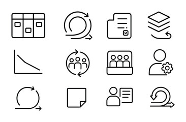 Agile Productivity Icons. Outline icon set of agile productivity methods: Kanban board, sprint cycle, task