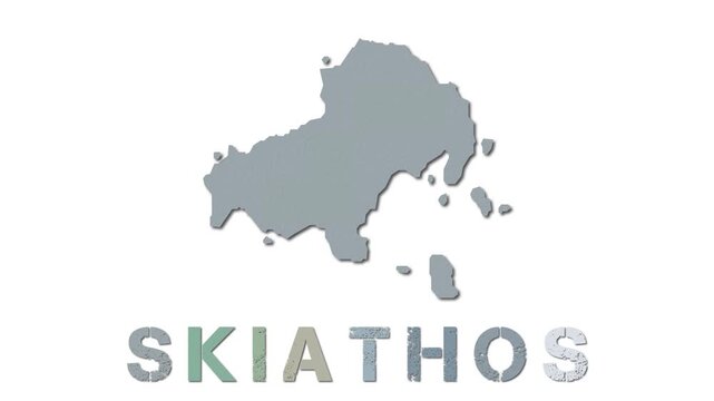 Skiathos map with paper regions. Animated island map growing from regions and title letters falling down. Stylish 4k animation.