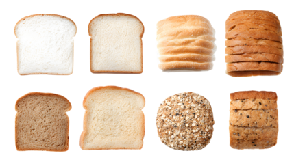 A diverse collection of various types of bread slices and a bun arranged in a group