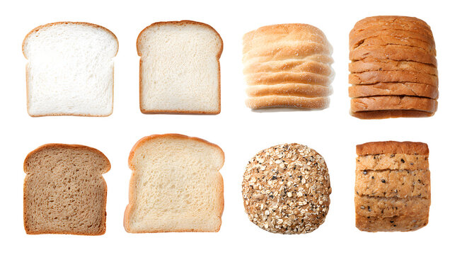A diverse collection of various types of bread slices and a bun arranged in a group