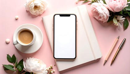 Pink Flatlay Phone with Coffee, and Flowers.