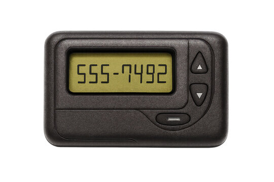 Vintage pager displaying a phone number on transparent background