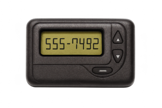 Vintage pager displaying a phone number on transparent background - Powered by Adobe
