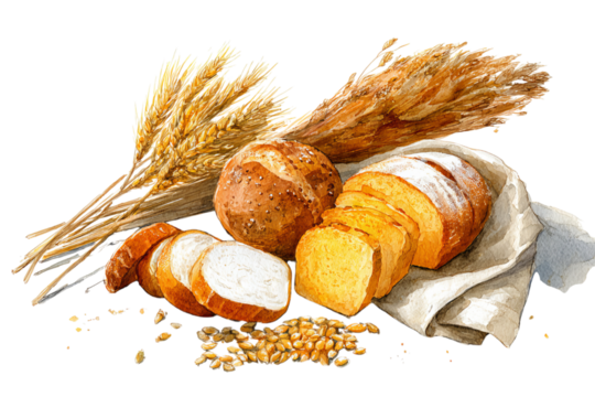 Watercolor illustration of wheat, grains, and breads on a white isolated on a transparent background in PNG format.